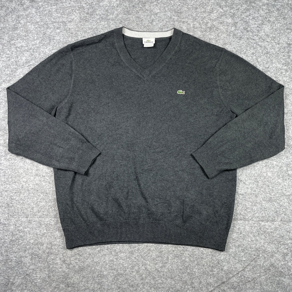 Lacoste V-Neck Sweater Mens 6 XL Charcoal Gray Classic Fit Preppy Pullover